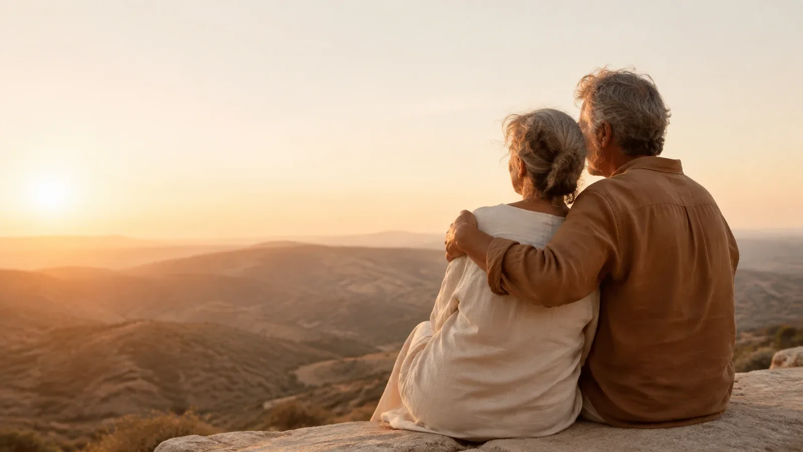 Pareja mirando un atardecer sobre las montañas; el oscurecimiento periférico es ilustrativo
