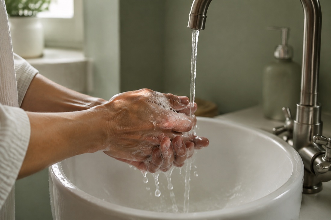 Manos lavándose con agua en un lavabo