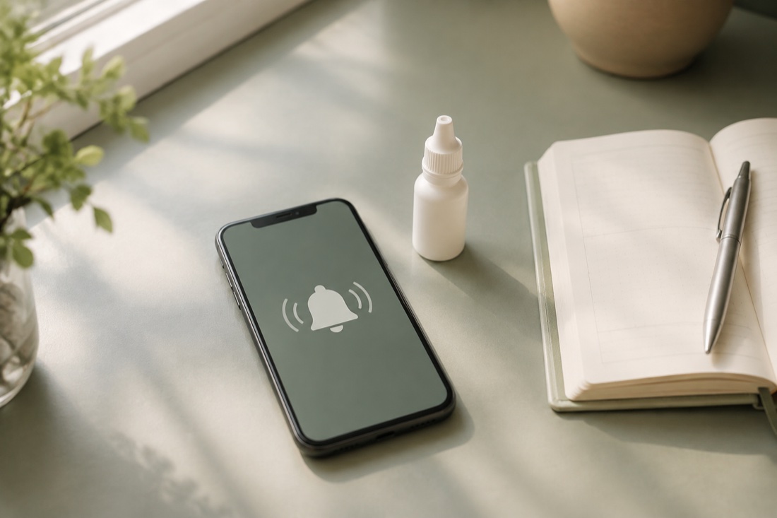 Teléfono con una alarma junto a un cuaderno