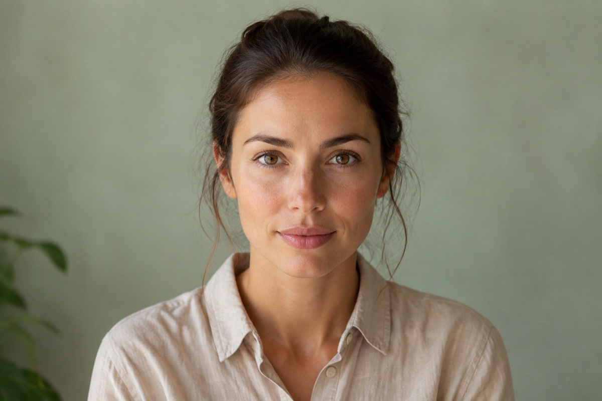 Mujer con una mirada directa y serena