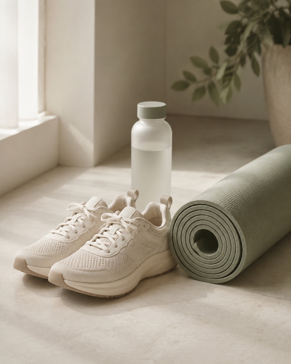 Calzado para caminar, colchoneta y botella de agua