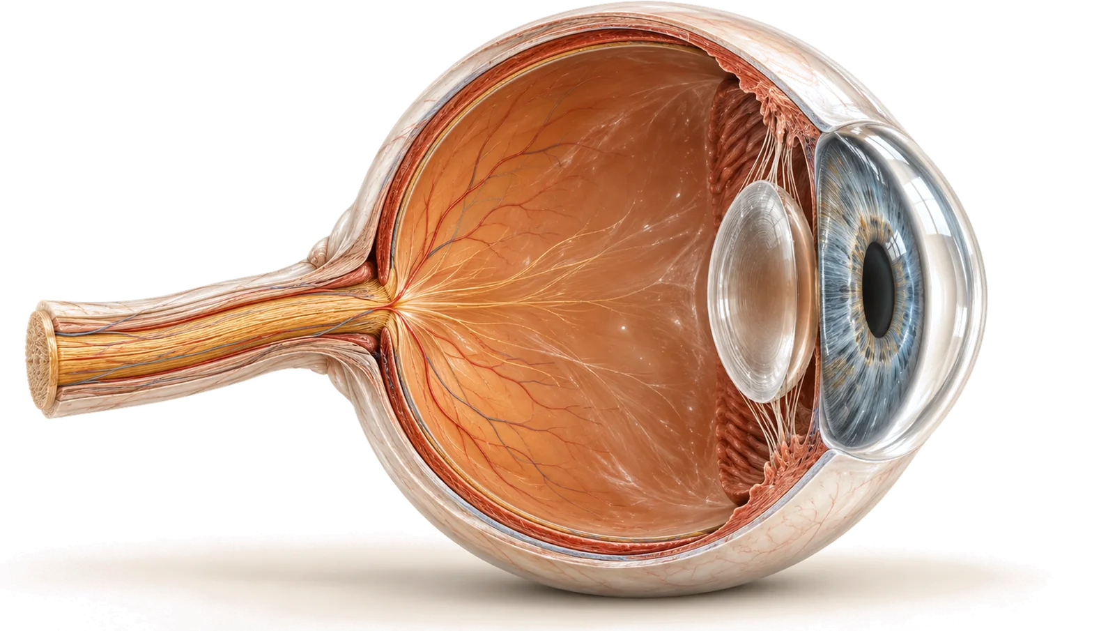 Ilustración en corte del ojo que muestra sus estructuras internas y el nervio óptico saliendo por la parte posterior